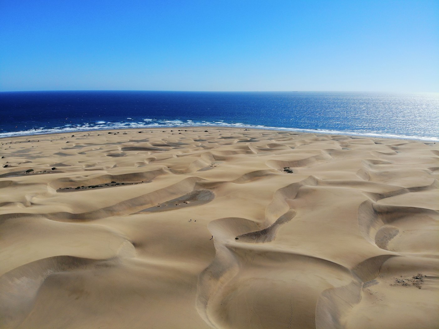 Aerial view of the Maspalomas dunes meeting the Atlantic Ocean in the south of Gran Canaria